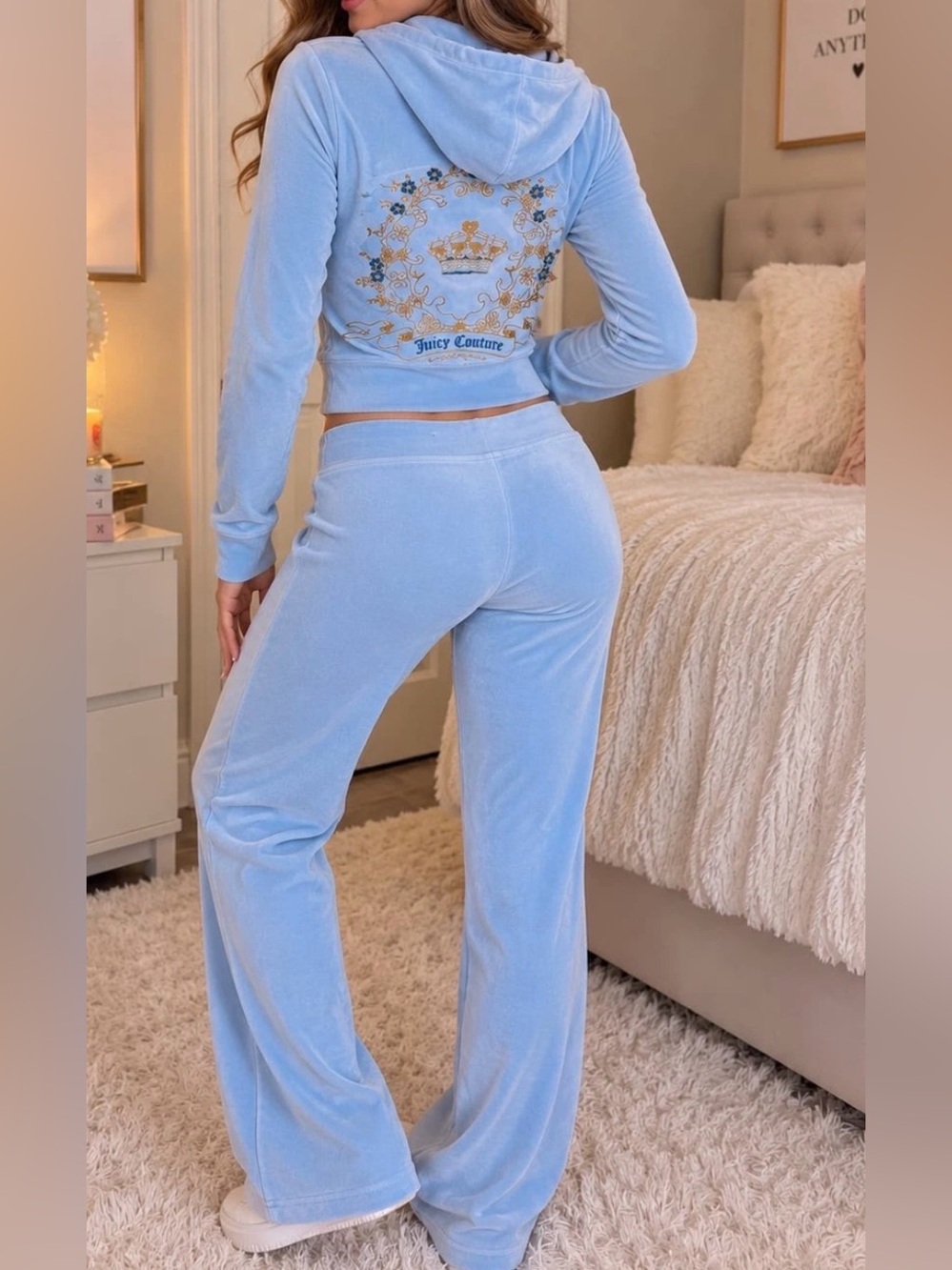 Juicy Couture Velour Rhinestone Floral Light Blue Tracksuit Set Hoodie & Pants
